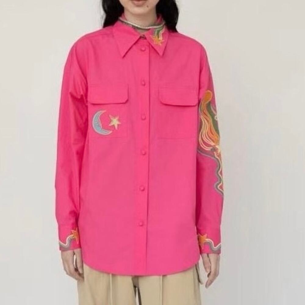 Alemais Celeste Cotton Taffeta Shirt Hot Pink Embroidered Celestial Blouse US 6